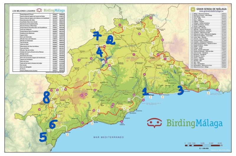 Mapa de las 8 áreas más significativas (hotspots) para la observación de aves en la provinica de Málaga