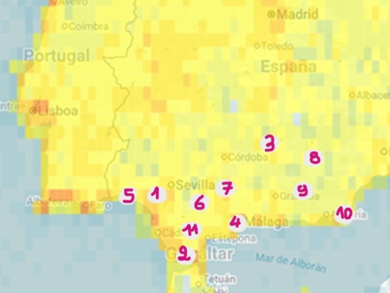 Mapa de puntos calientes hotspots para aves en Andalucía.